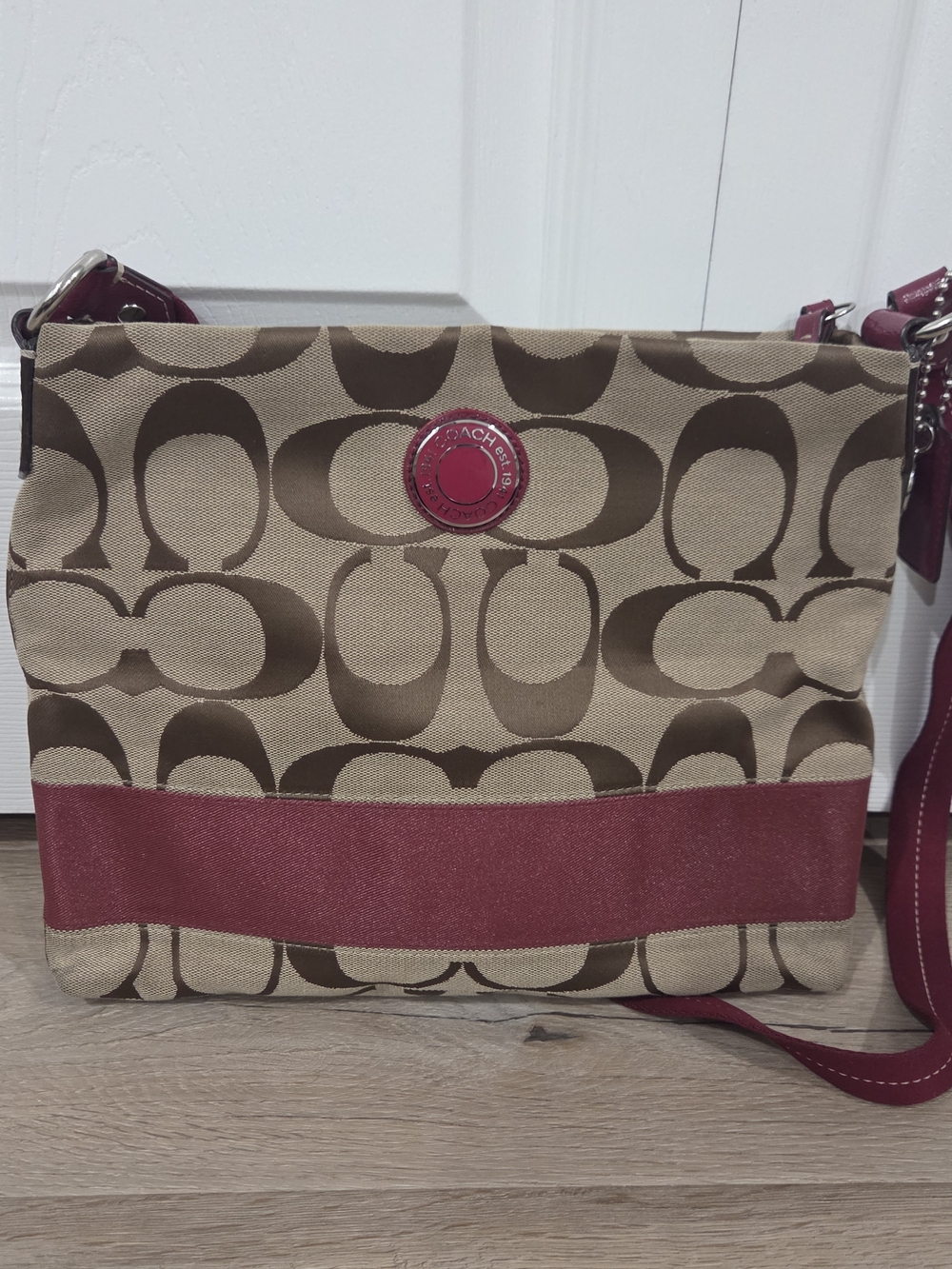 Coach Signature Canvas Crossbody in Tan and Red Wine